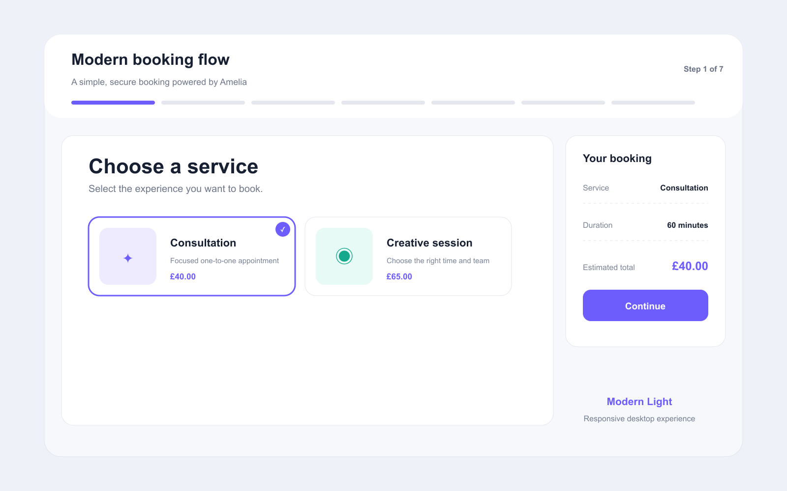 Custom Booking Flow light theme booking interface