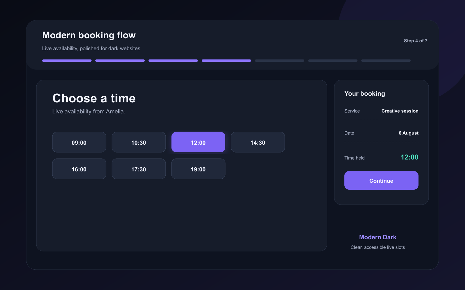 Custom Booking Flow dark theme booking interface