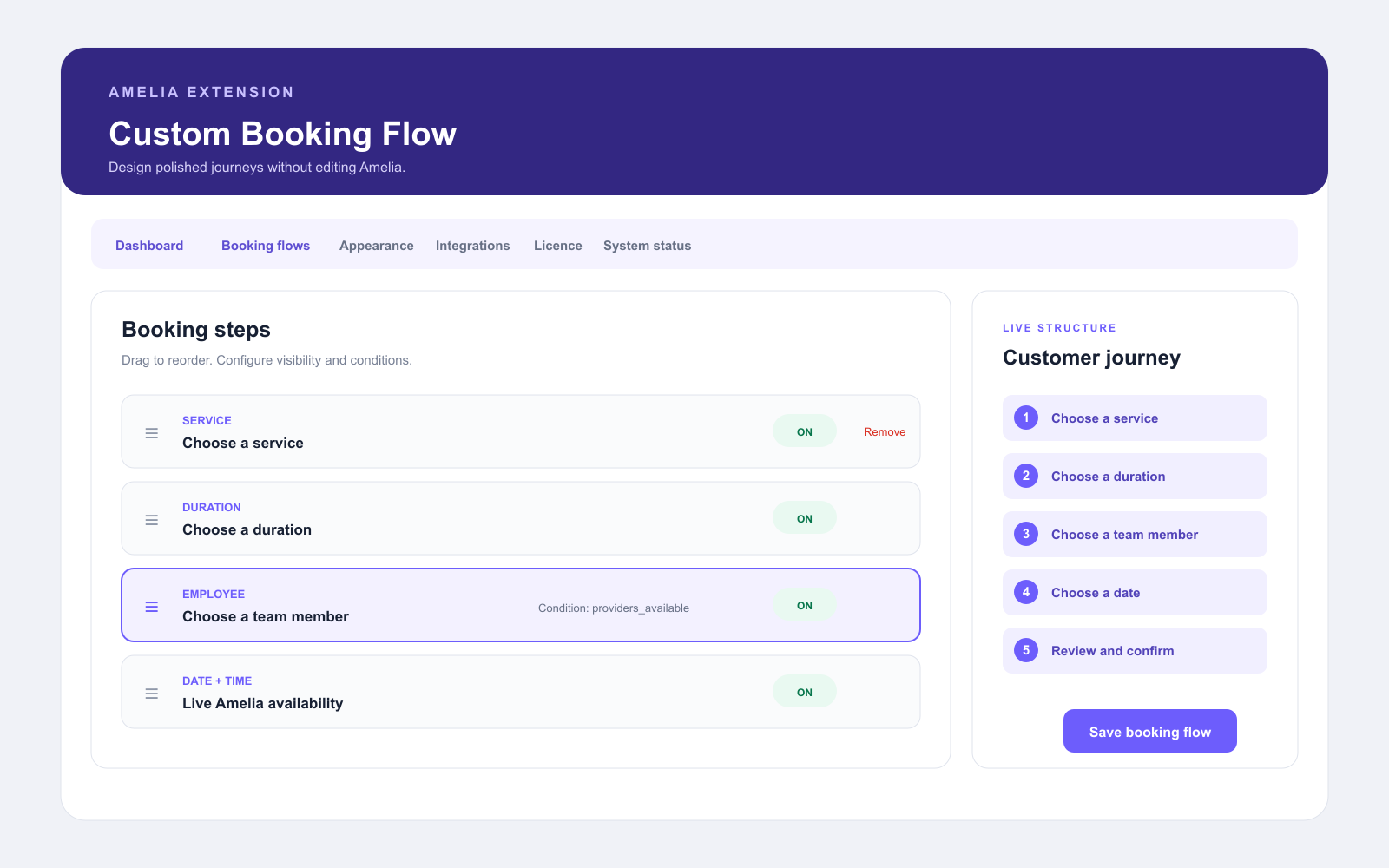 Custom Booking Flow visual builder administration screen