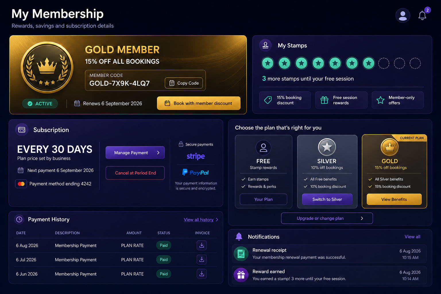 Customer membership portal with FREE, SILVER and GOLD plans